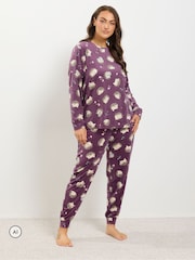 Yours Curve Purple Hedgehog Fleece Pyjama Set - Image 1 of 6