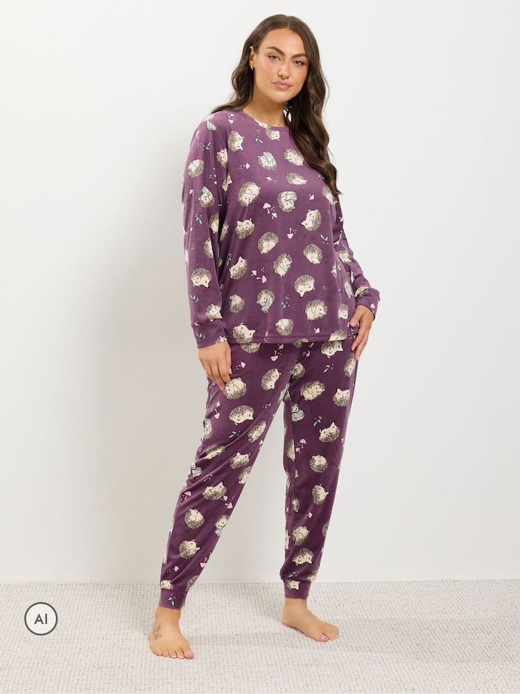 Yours Curve Purple Hedgehog Fleece Pyjama Set - Image 1 of 6 Yours Curve Purple Hedgehog Fleece Pyjama Set - Image 1 of 6