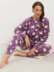 Yours Curve Purple Hedgehog Fleece Pyjama Set - Image 2 of 6