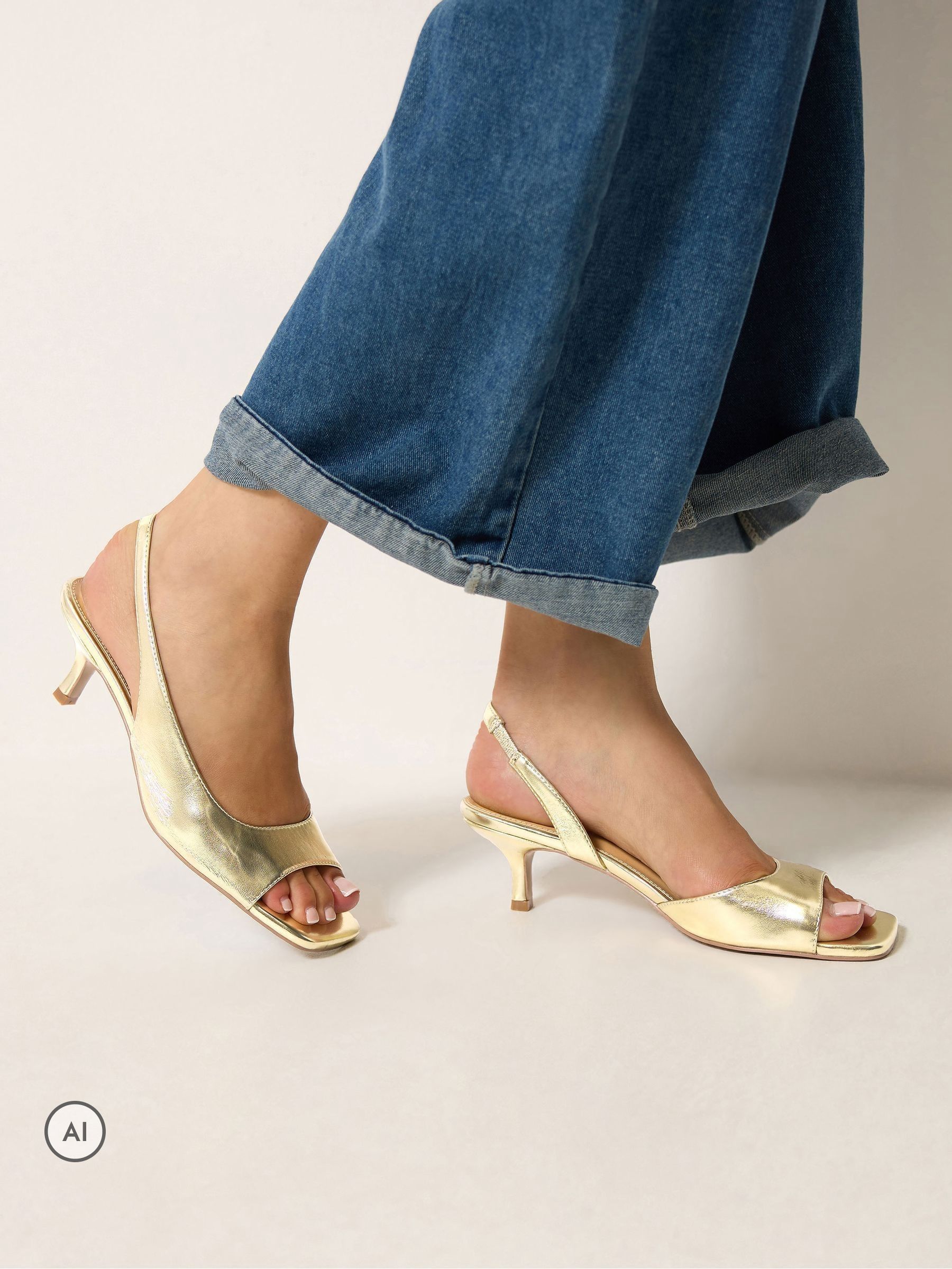 Long Tall Sally Women's Gold Asymmetric Slingback Kitten Heels In Standard Fit In | : Size 11 - Image 2