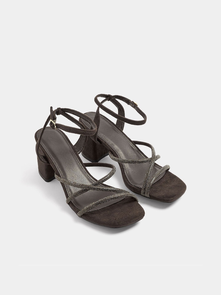 Yours Curve Brown Extra Wide Fit Strappy Glitter Block Heels - Image 2 of 4