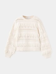Mango Cream Textured Fringe Openwork Knit Sweater - Image 1 of 5