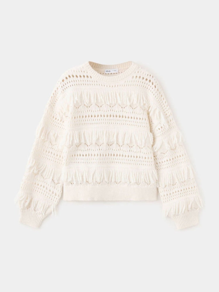 Mango Cream Textured Fringe Openwork Knit Sweater - Image 1 of 5