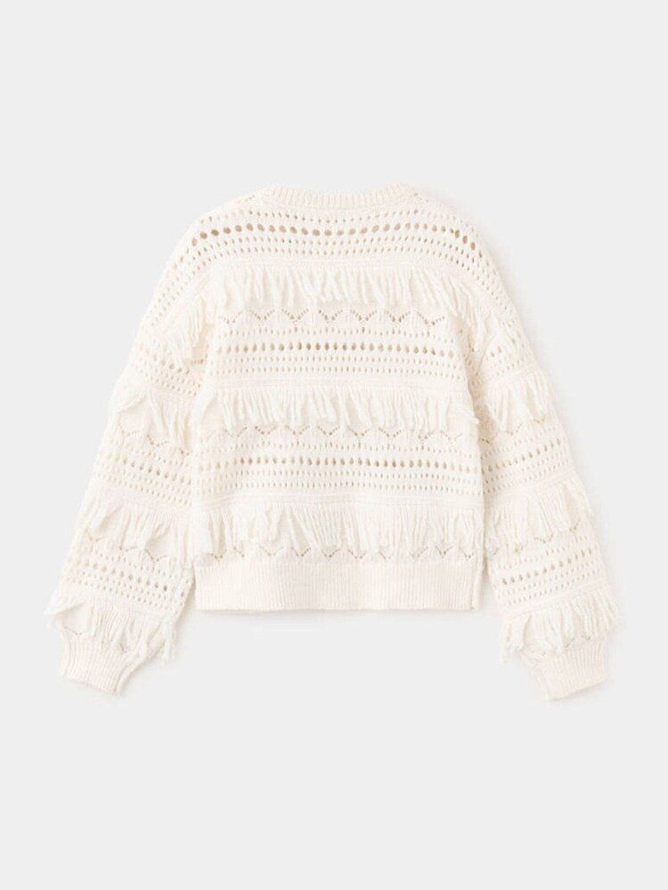 Mango Cream Textured Fringe Openwork Knit Sweater - Image 2 of 5