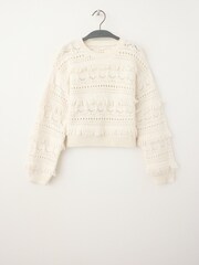 Mango Cream Textured Fringe Openwork Knit Sweater - Image 3 of 5