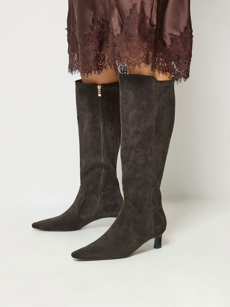 Long Tall Sally Brown Kitten Heel Knee High Boots In Standard Fit - Image 1 of 5 Long Tall Sally Brown Kitten Heel Knee High Boots In Standard Fit - Image 1 of 5