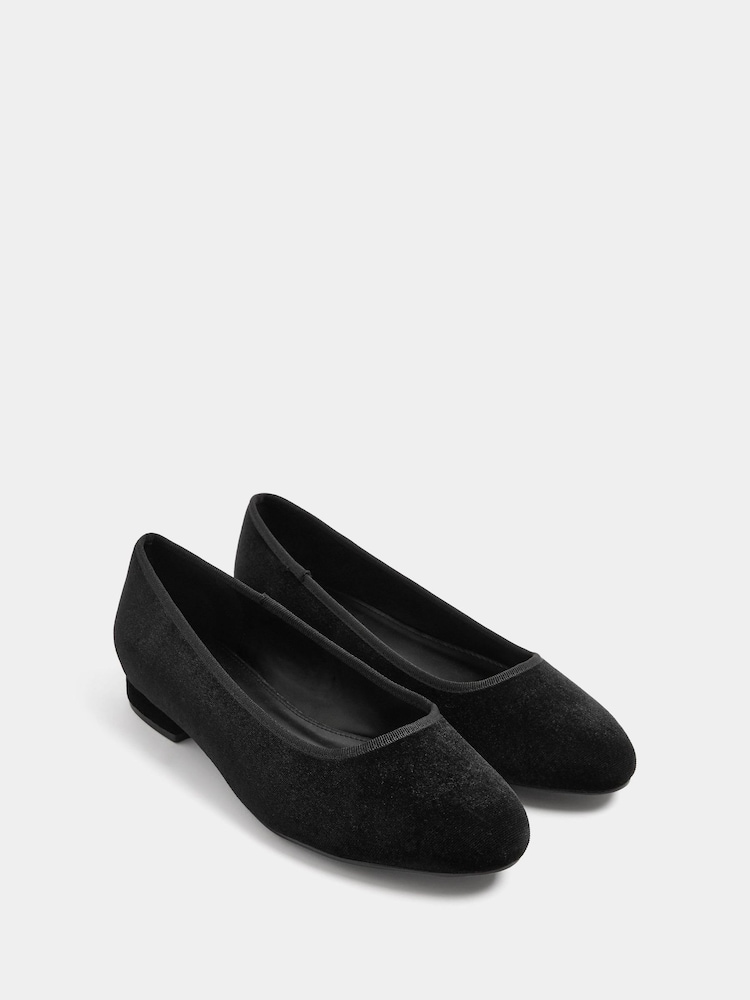 Long Tall Sally Black Velvet Low Block Heel Ballerina Pumps In Standard Fit - Image 1 of 4