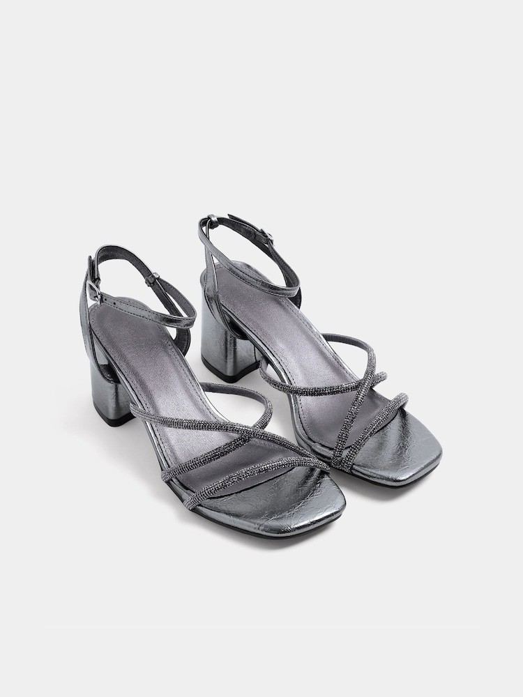 Yours Curve Silver Wide Fit Strappy Glitter Block Heels - Image 2 of 4 Yours Curve Silver Wide Fit Strappy Glitter Block Heels - Image 2 of 4