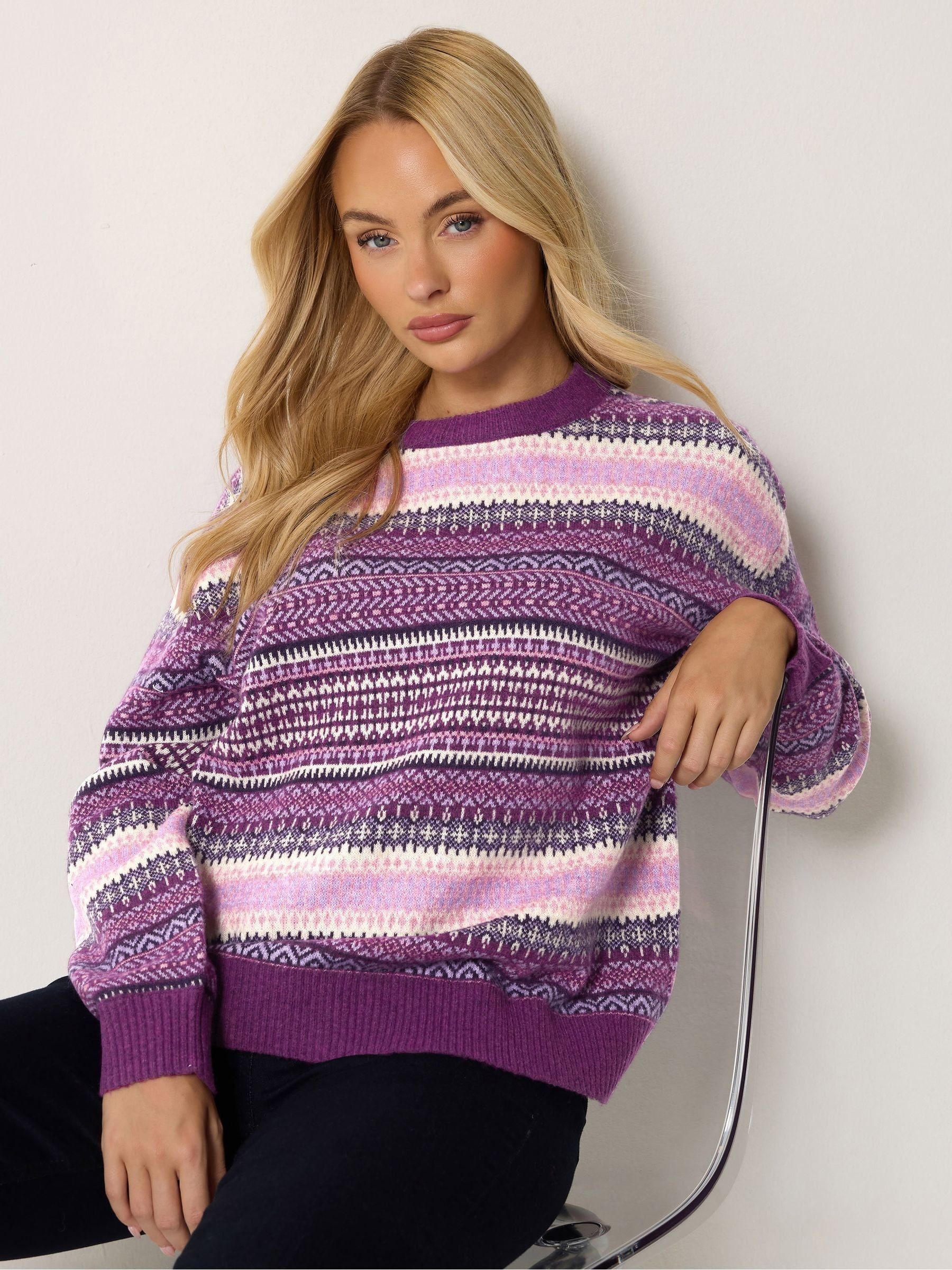 M&Co Women's Purple Fair Isle Long Sleeve Jumper In | Size: 18/20 - Image 1