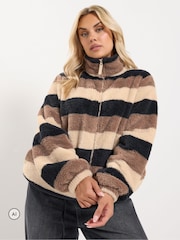 Yours Curve Brown Stripe Print Zip Through Fleece - Image 1 of 5