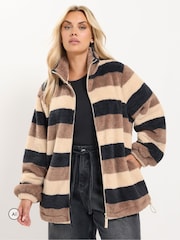 Yours Curve Brown Stripe Print Zip Through Fleece - Image 2 of 5
