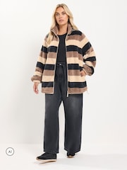 Yours Curve Brown Stripe Print Zip Through Fleece - Image 3 of 5