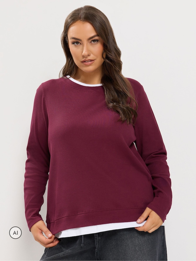 Yours Curve Red 2-In-1 Ribbed Top - Image 1 of 6