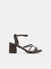 Yours Curve Brown Wide Fit Strappy Glitter Block Heels - Image 3 of 4