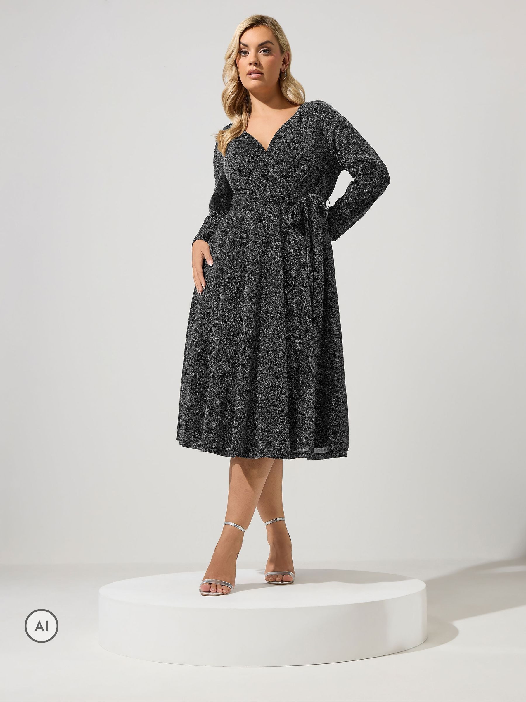 Yours Women's Silver Metallic Wrap Dress In | Size: 30/32 - Image 1