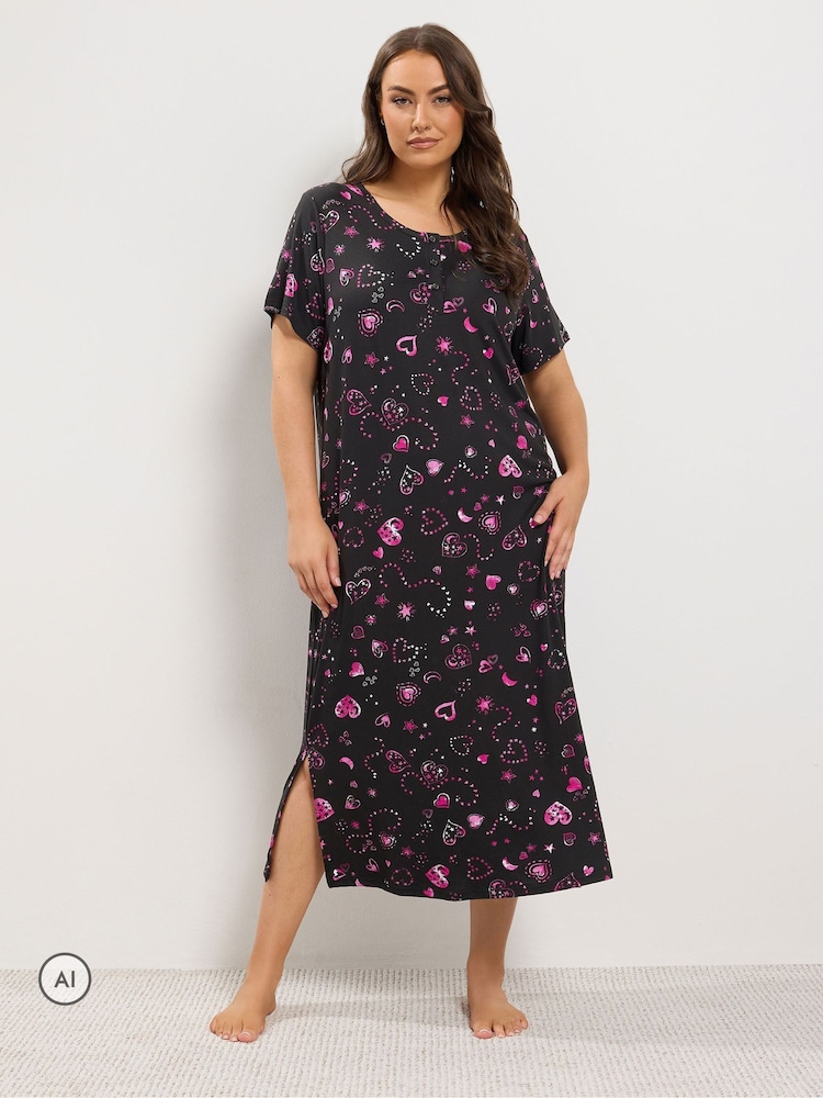 Yours Curve Blue Heart Soft Touch Placket Midaxi Nightdress - Image 1 of 6 Yours Curve Blue Heart Soft Touch Placket Midaxi Nightdress - Image 1 of 6