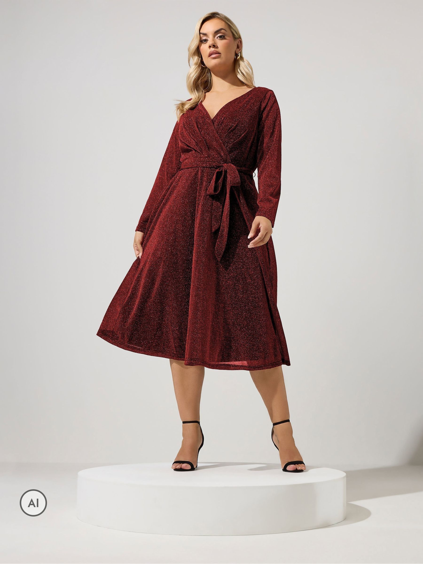 Yours Women's Metallic Wrap Dress in Red | Size: 26-28 - Image 3