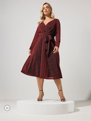 Yours Curve Red Metallic Wrap Dress - Image 1 of 6