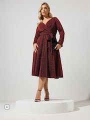 Yours Curve Red Metallic Wrap Dress - Image 2 of 6