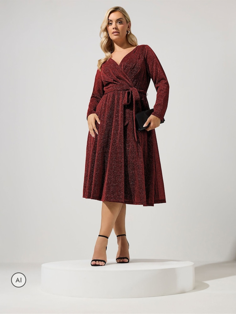 Yours Curve Red Metallic Wrap Dress - Image 2 of 6 Yours Curve Red Metallic Wrap Dress - Image 2 of 6
