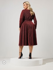 Yours Curve Red Metallic Wrap Dress - Image 3 of 6