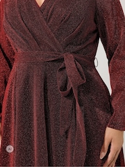 Yours Curve Red Metallic Wrap Dress - Image 4 of 6