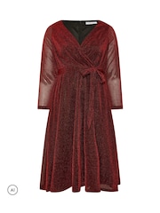 Yours Curve Red Metallic Wrap Dress - Image 5 of 6