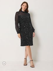 M&Co Black Sequin Velvet Panel Shift Dress - Image 1 of 4