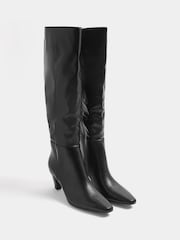 Long Tall Sally Black Faux Leather Kitten Heel Knee High Boots In Standard Fit - Image 3 of 6