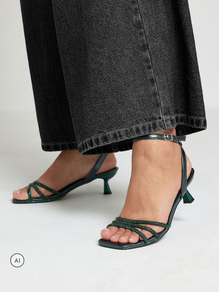 Yours Curve Green Wide Fit Strappy Glitter Kitten Heels - Image 1 of 5 Yours Curve Green Wide Fit Strappy Glitter Kitten Heels - Image 1 of 5