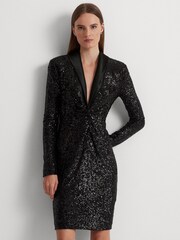Lauren Ralph Lauren Twist Front Sequined Cocktail Black Dress - Image 1 of 9