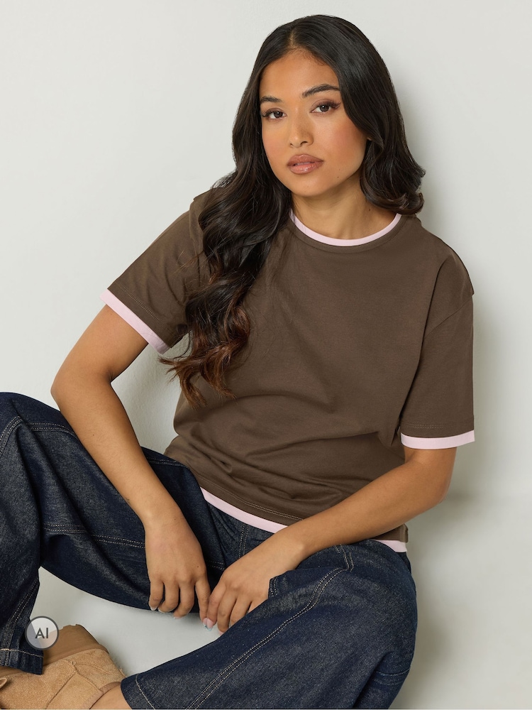 PixieGirl Petite Brown Contrast Short Sleeve Cotton T-Shirt - Image 1 of 7 PixieGirl Petite Brown Contrast Short Sleeve Cotton T-Shirt - Image 1 of 7