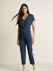 Navy Blue Short Sleeve Tipped Jumpsuit - Image 2 of 6