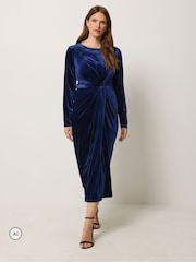 M&Co Blue Velvet Side Twist Dress - Image 2 of 6