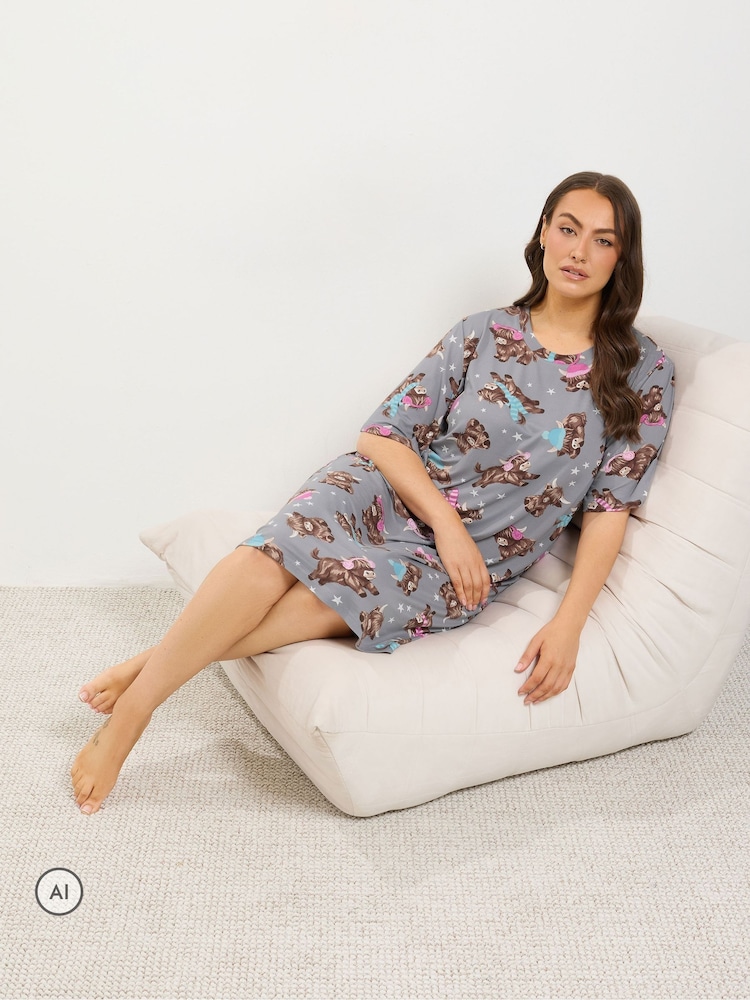Yours Curve Grey Highland Cow Soft Touch Nightdress - Image 2 of 5