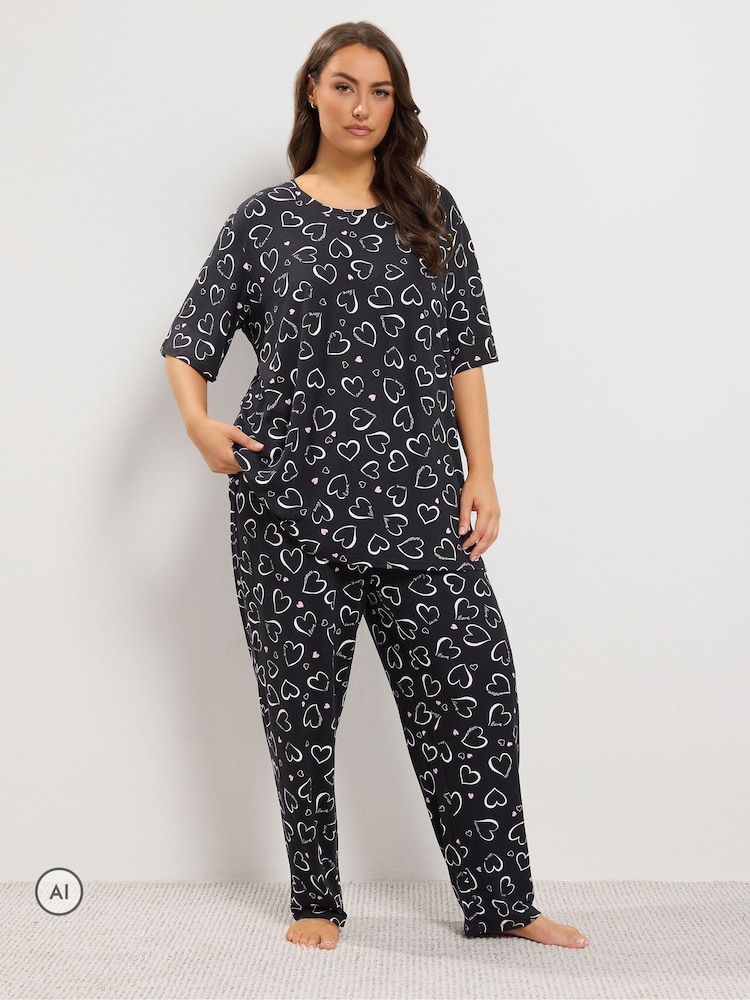 Yours Curve Grey Heart Print Wide Leg Pyjamas Set - Image 2 of 6 Yours Curve Grey Heart Print Wide Leg Pyjamas Set - Image 2 of 6