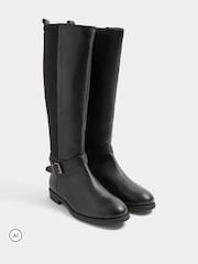 Evans Black Leather Buckle Knee High Riding Boots In Wide E Fit - Image 1 of 4