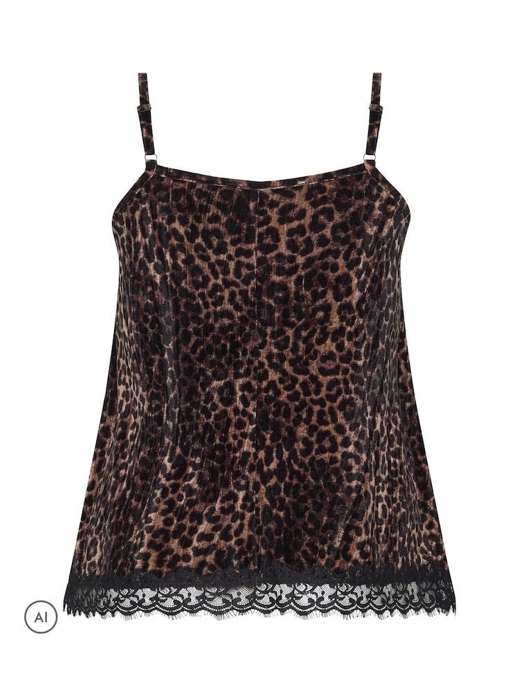 Yours Curve Brown Leopard Velour Lace Vest Top - Image 2 of 2 Yours Curve Brown Leopard Velour Lace Vest Top - Image 2 of 2