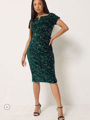 M&Co Black Petite Sequin Velvet Notch Neck Shift Dress - Image 1 of 6