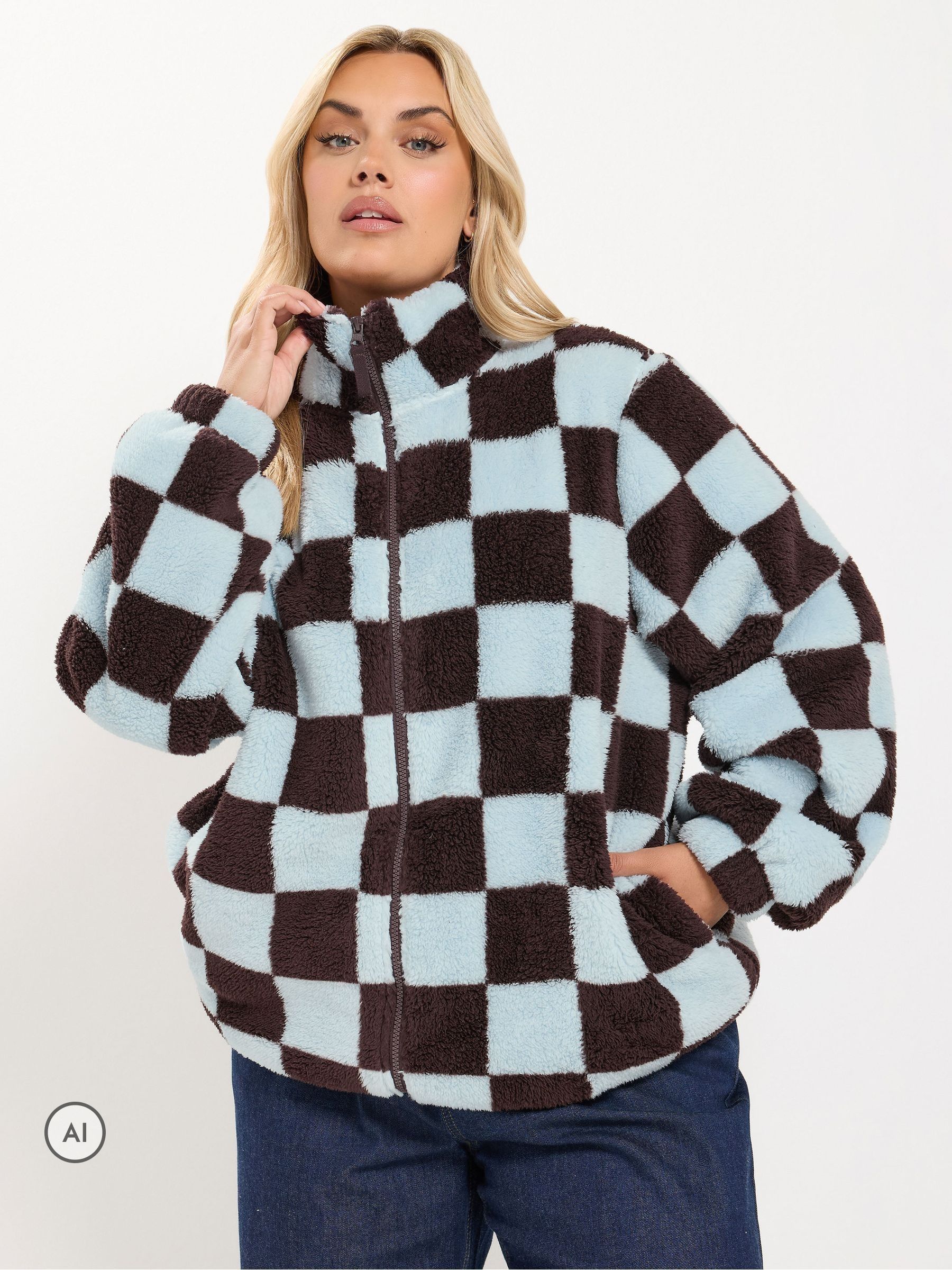 Yours Women's Chocolate Checked Zip Through Fleece In | Size: 30-32 - Image 2