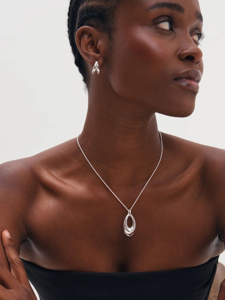 Inicio Silver Tone Open Oval Long Polished Pendant Necklace - Gift Pouch - Image 1 of 2