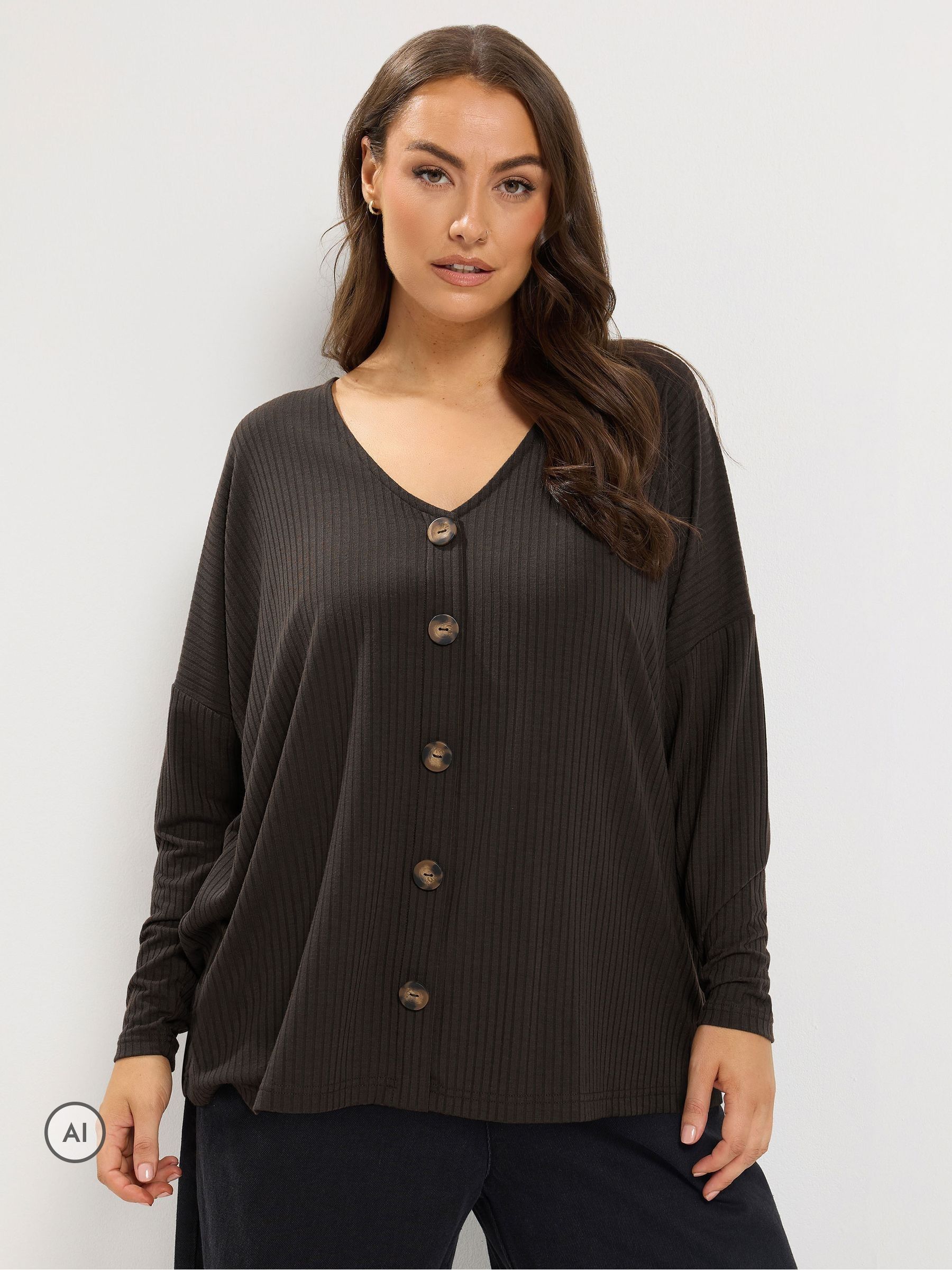 Yours Women's Chocolate Ribbed Button Details Top In | : 34/36 - Image 2