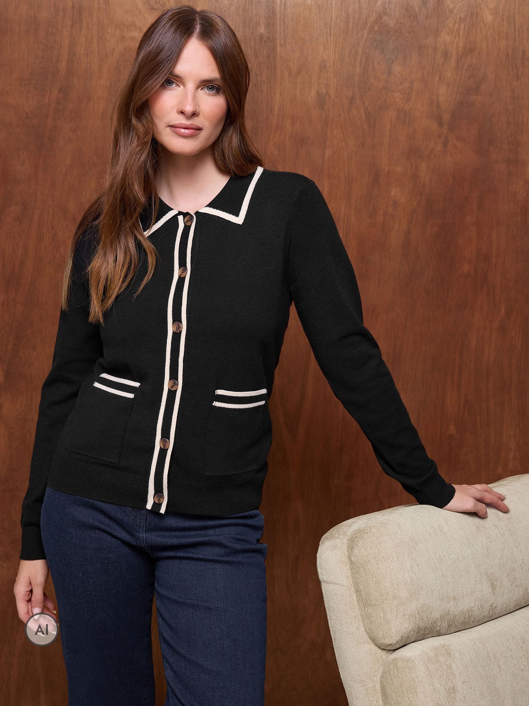 M&Co Women's Black Button Up Tipped Cardigan In | Size: 18-20 - Image 2