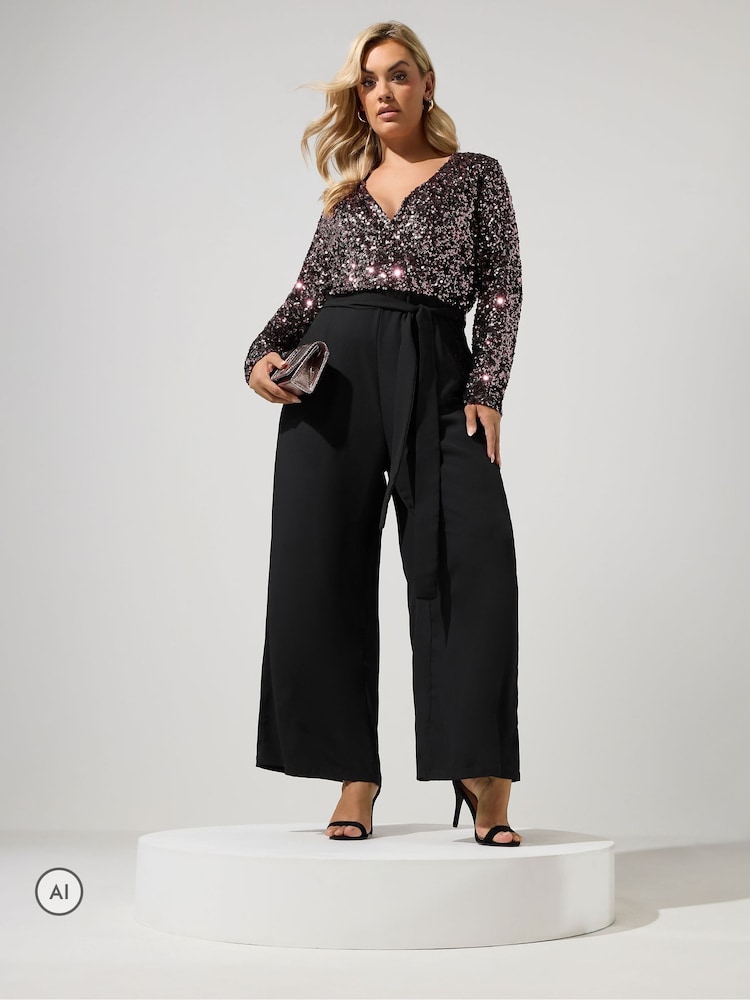 Yours Curve Brown London 2-In-1 Sequin Jumpsuit - Image 1 of 5 Yours Curve Brown London 2-In-1 Sequin Jumpsuit - Image 1 of 5