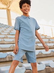 Blau - Polo-Shirt mit Reißverschluss am Kragen aus 100 % Baumwolle und Shorts im Set (3–16 Jahre) - Bild 2 von 7