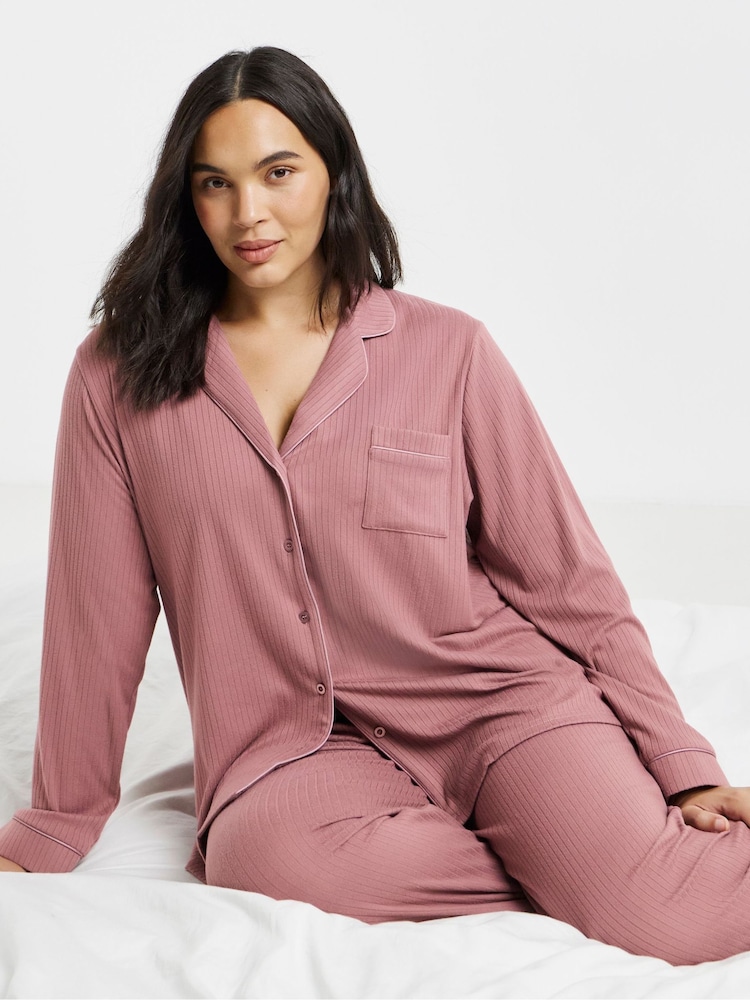 Figleaves Pink Soft Knit Ribbed Pyjamas Set - Image 1 of 4 Figleaves Pink Soft Knit Ribbed Pyjamas Set - Image 1 of 4