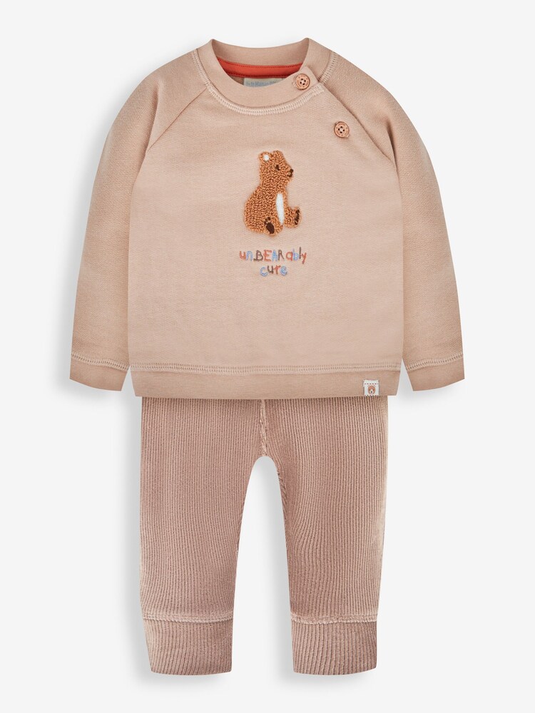JoJo Maman Bébé Stone Bear Appliqué Sweatshirt & Cosy Trousers Set - Image 1 of 5