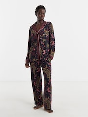 Figleaves Black Celestial Leopard Contrast Pyjamas & Eyemask Set - Image 1 of 4