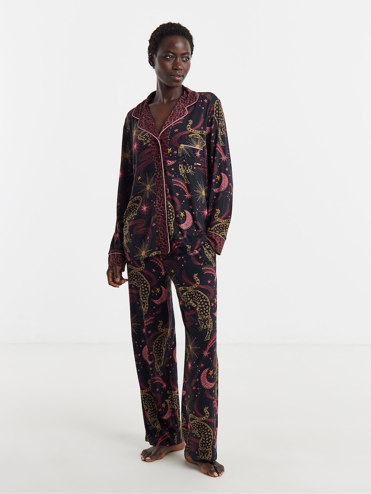 Figleaves Black Celestial Leopard Contrast Pyjamas & Eyemask Set - Image 1 of 4 Figleaves Black Celestial Leopard Contrast Pyjamas & Eyemask Set - Image 1 of 4