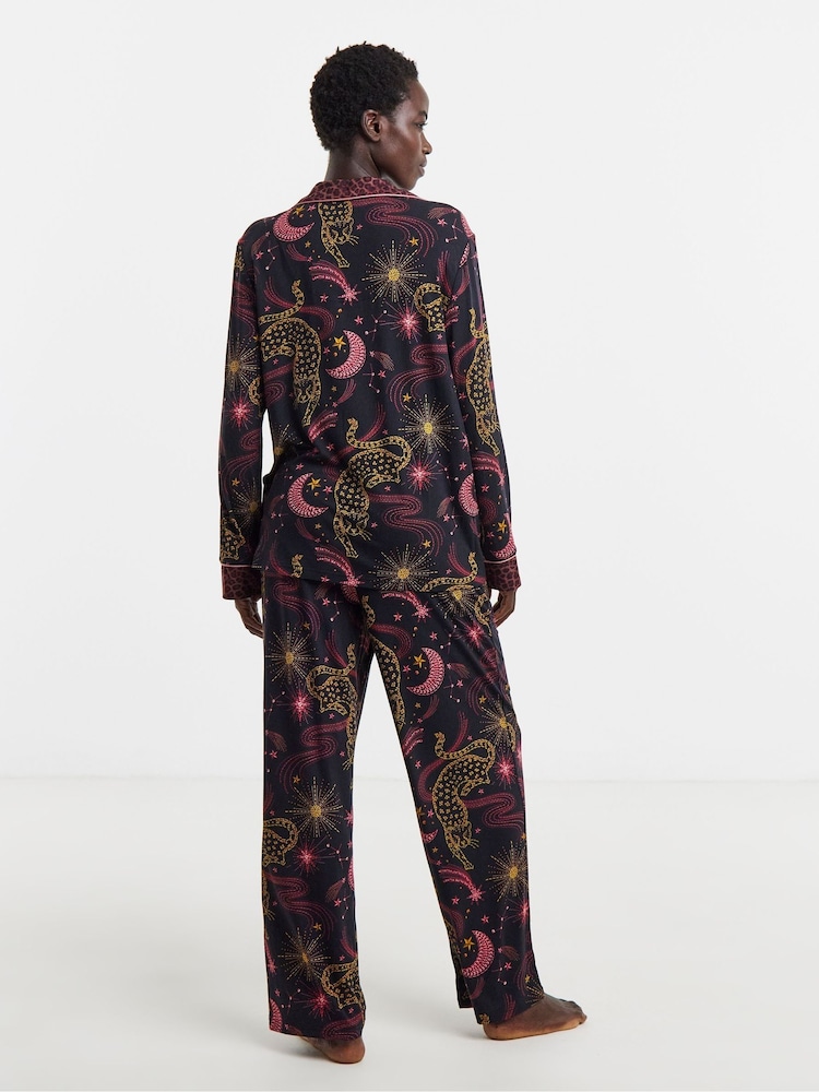 Figleaves Black Celestial Leopard Contrast Pyjamas & Eyemask Set - Image 2 of 4 Figleaves Black Celestial Leopard Contrast Pyjamas & Eyemask Set - Image 2 of 4